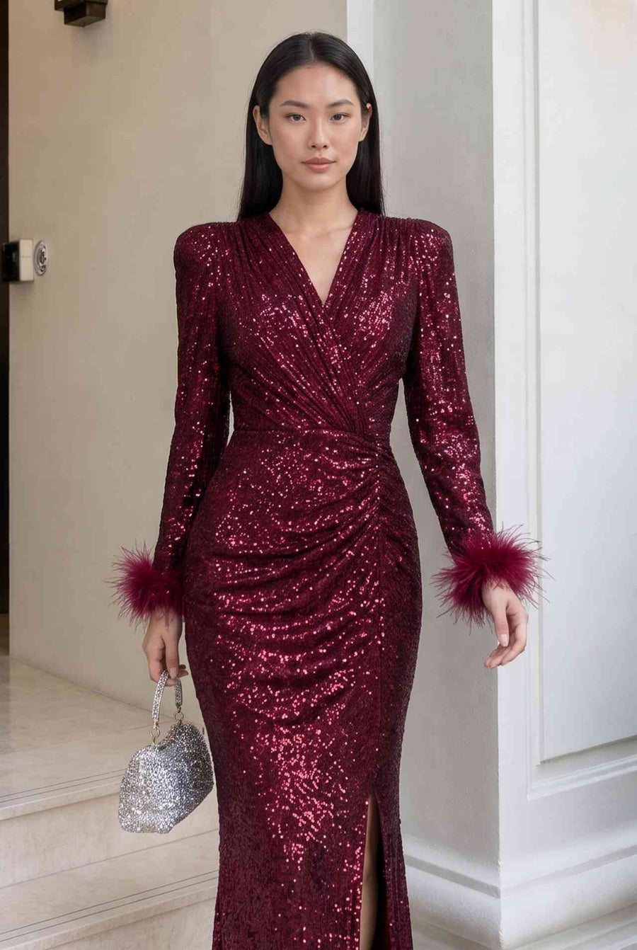 Bordo Kruvaze Yaka Otriş Detay Pul Payet Yırtmaçlı Balık Abiye Elbise