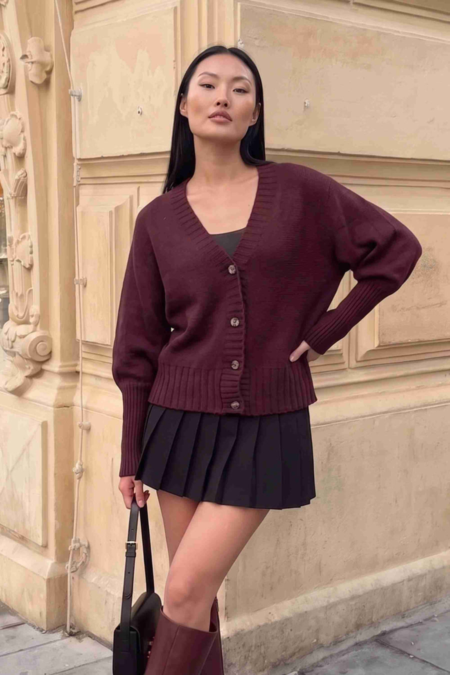 Bordo Triko Düğmeli Hırka