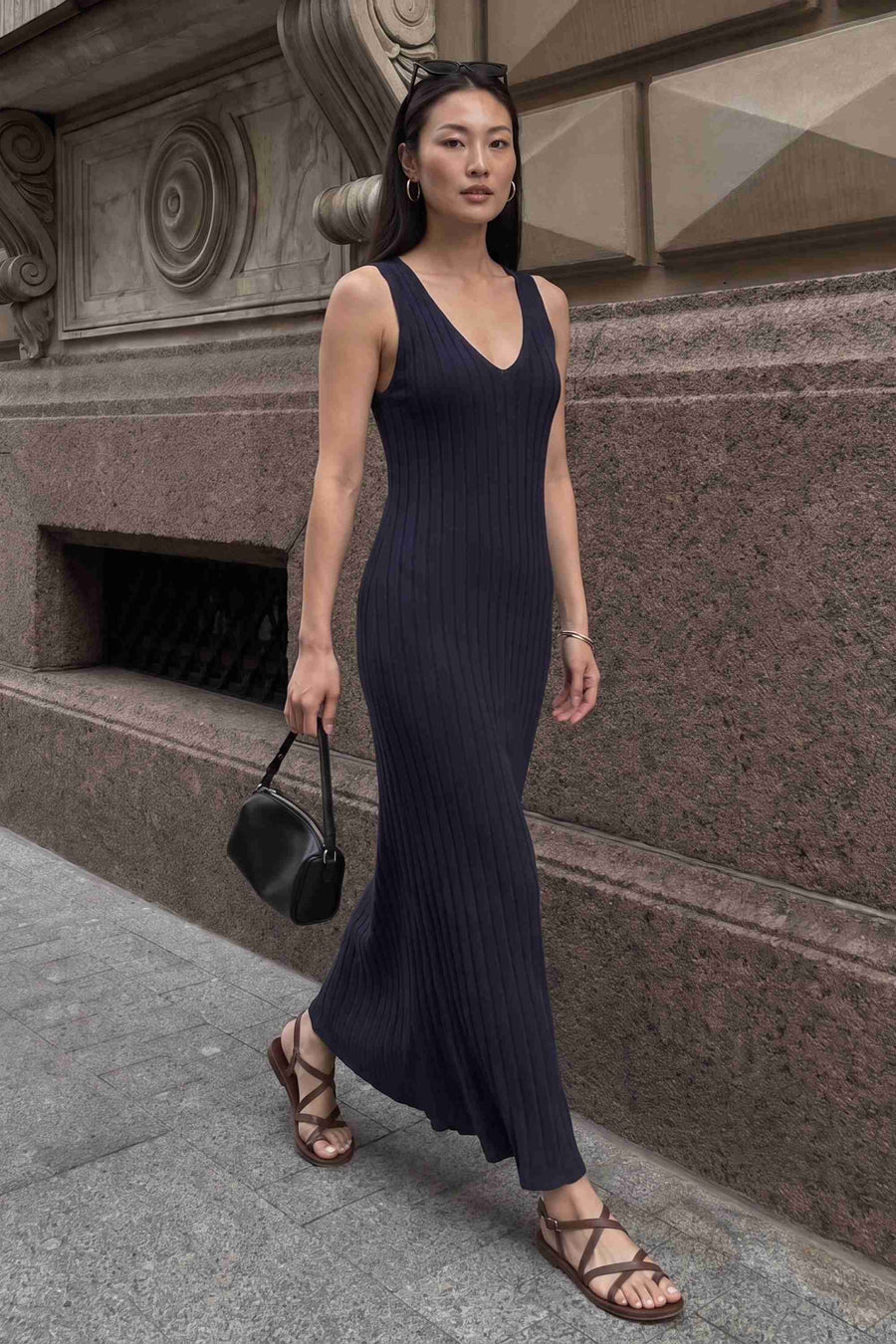 Lacivert Askılı Triko Elbise