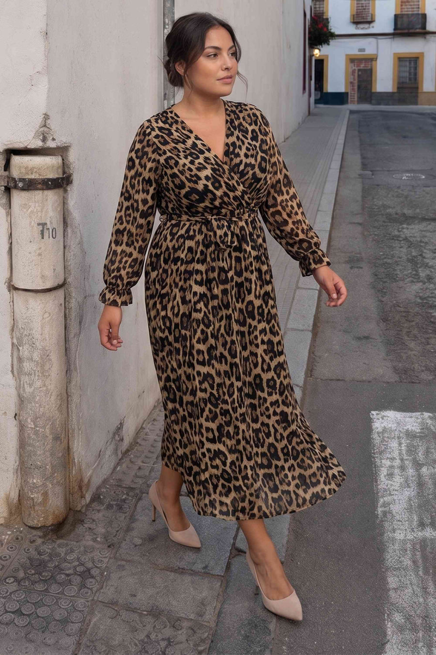 Leopar Desenli Kruvaze Yaka Şifon Elbise
