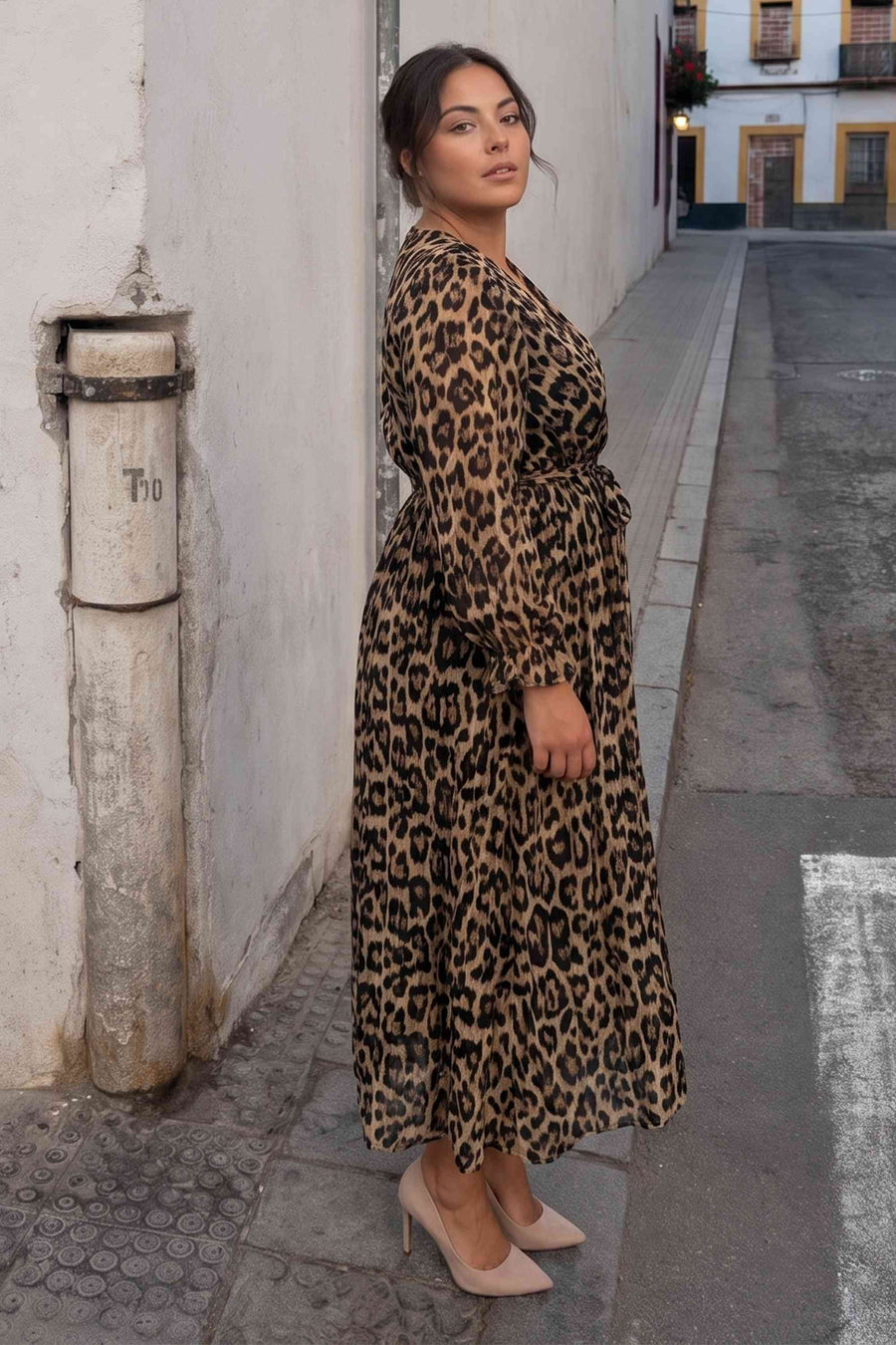 Leopar Desenli Kruvaze Yaka Şifon Elbise