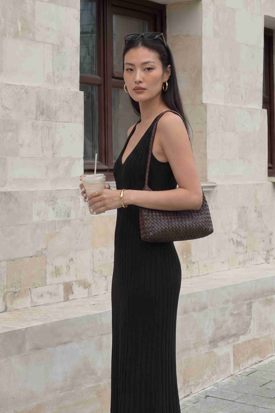 Siyah Askılı Triko Elbise