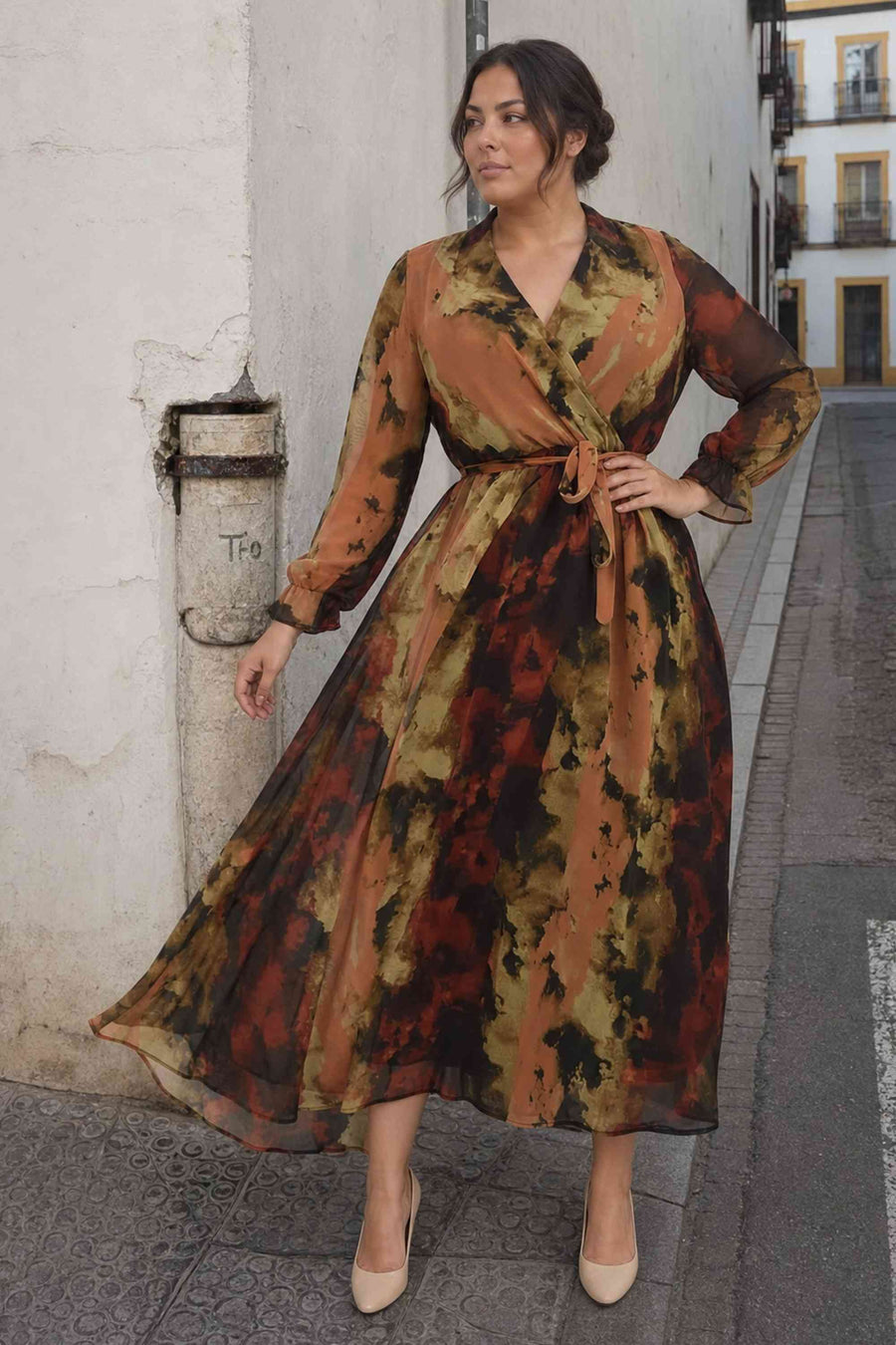 Batik Desenli Kruvaze Yaka Şifon Elbise