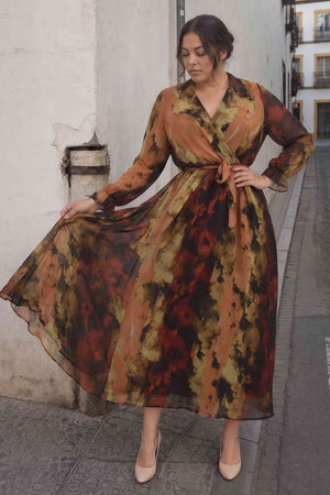 Batik Batik Desenli Kruvaze Yaka Şifon Elbise
