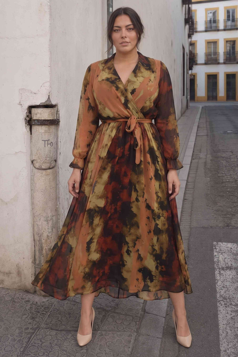 Batik Desenli Kruvaze Yaka Şifon Elbise