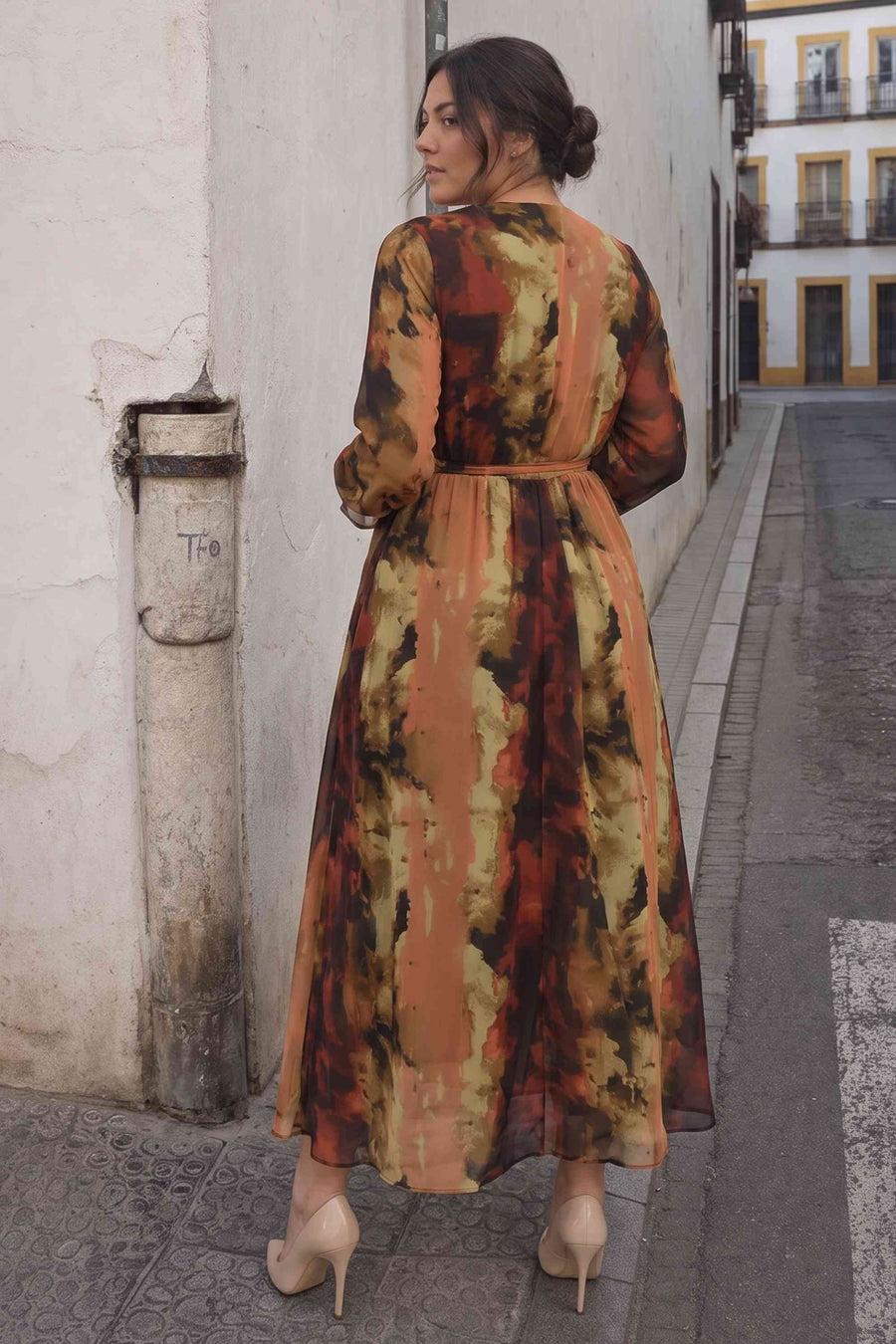 Batik Desenli Kruvaze Yaka Şifon Elbise