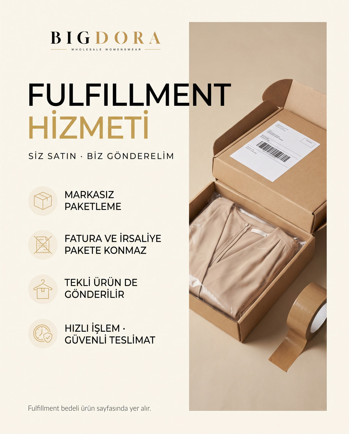 Bigdora fulfillment hizmeti: markasız paketleme, faturasız paket, tekli ürün gönderimi, hızlı ve güvenli teslimat