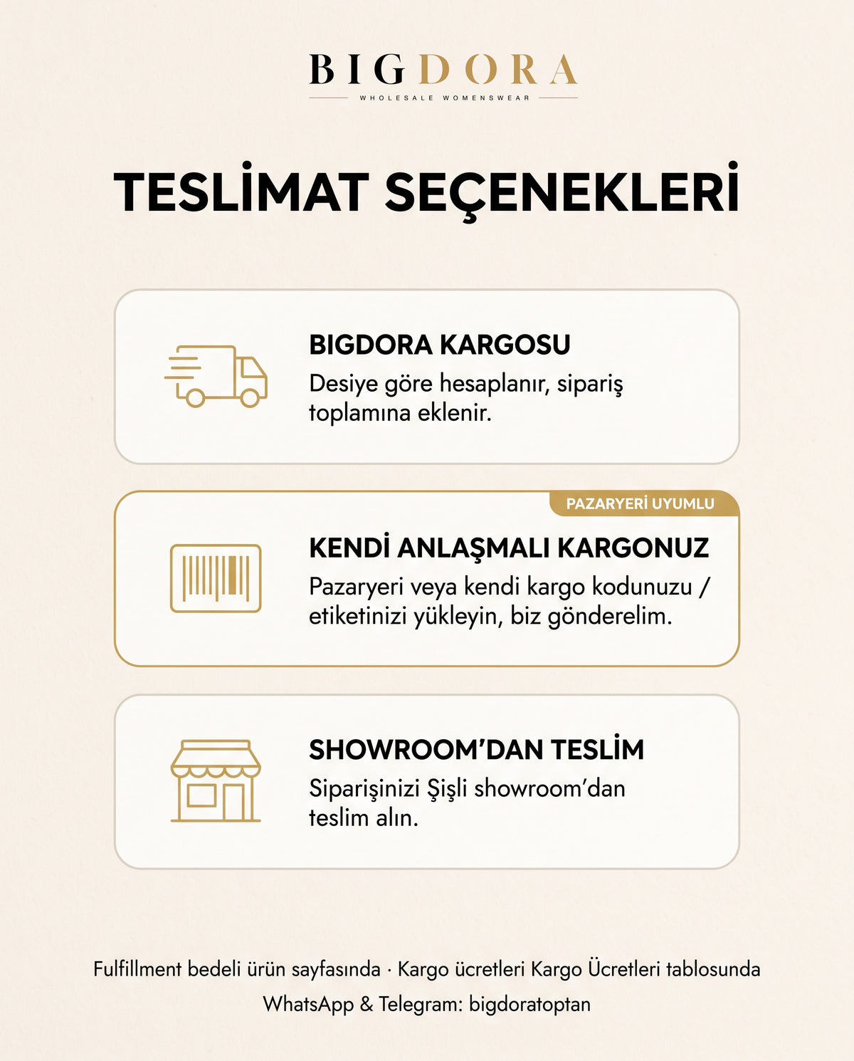 Bigdora teslimat seçenekleri: Bigdora kargosu, pazaryeri veya kendi kargo kodunuzla gönderim, Şişli showroom'dan teslim