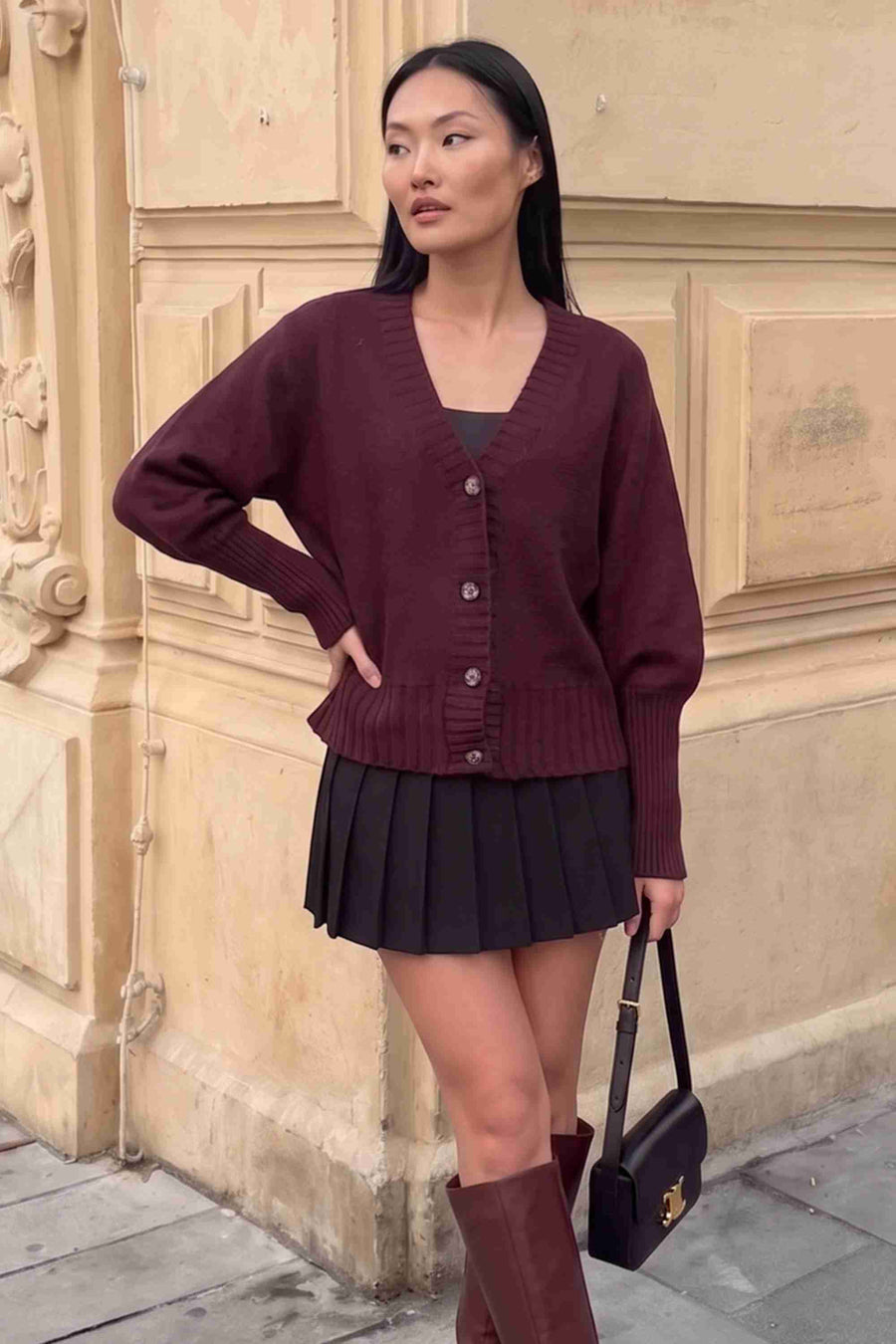 Bordo Triko Düğmeli Hırka