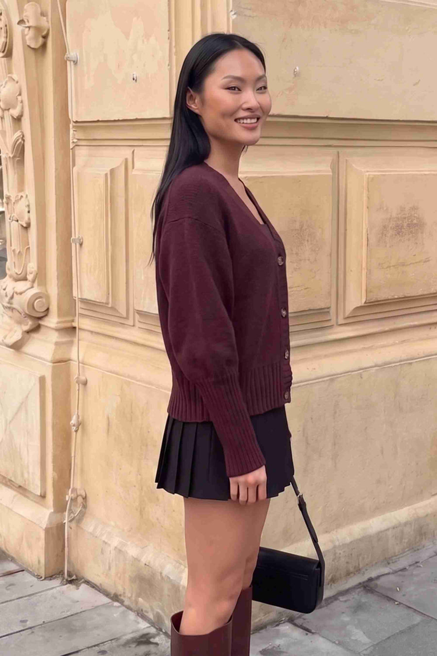 Bordo Triko Düğmeli Hırka