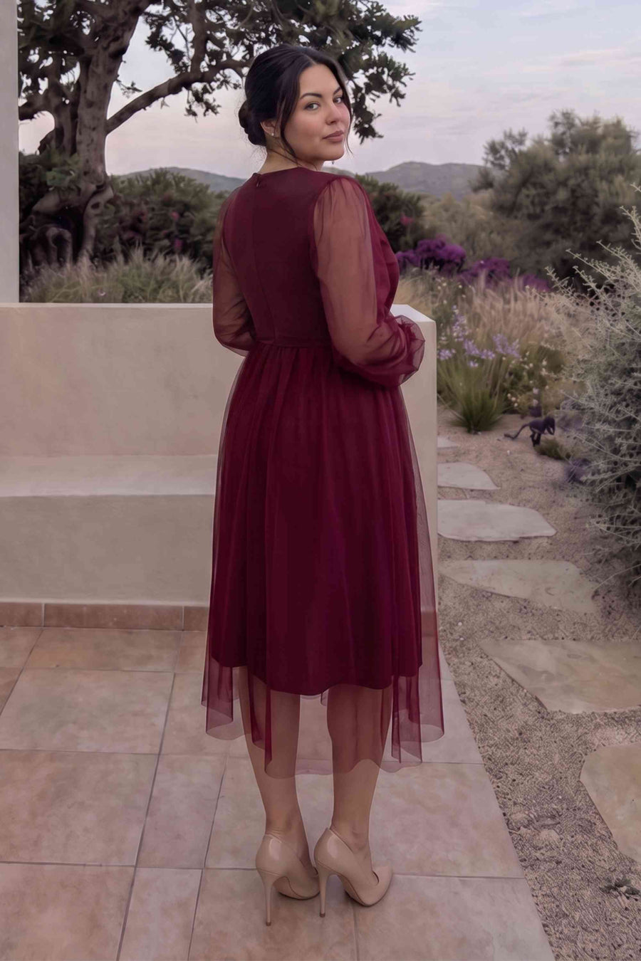 Bordo V Yaka Tül Kloş Elbise