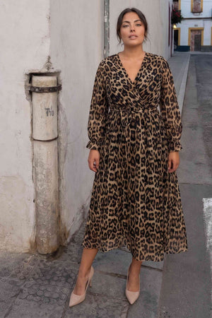 Leopar Leopar Desenli Kruvaze Yaka Şifon Elbise