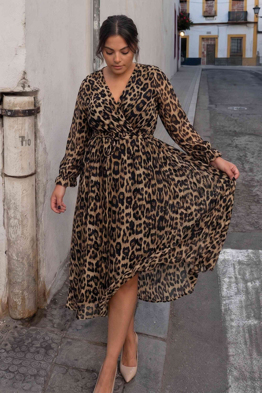 Leopar Desenli Kruvaze Yaka Şifon Elbise