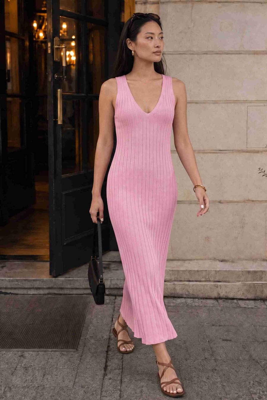 Pembe Askılı Triko Elbise