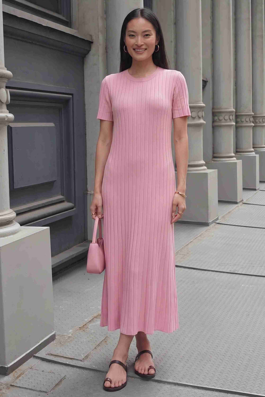 Pembe Fitilli Kısa Kol Triko Elbise