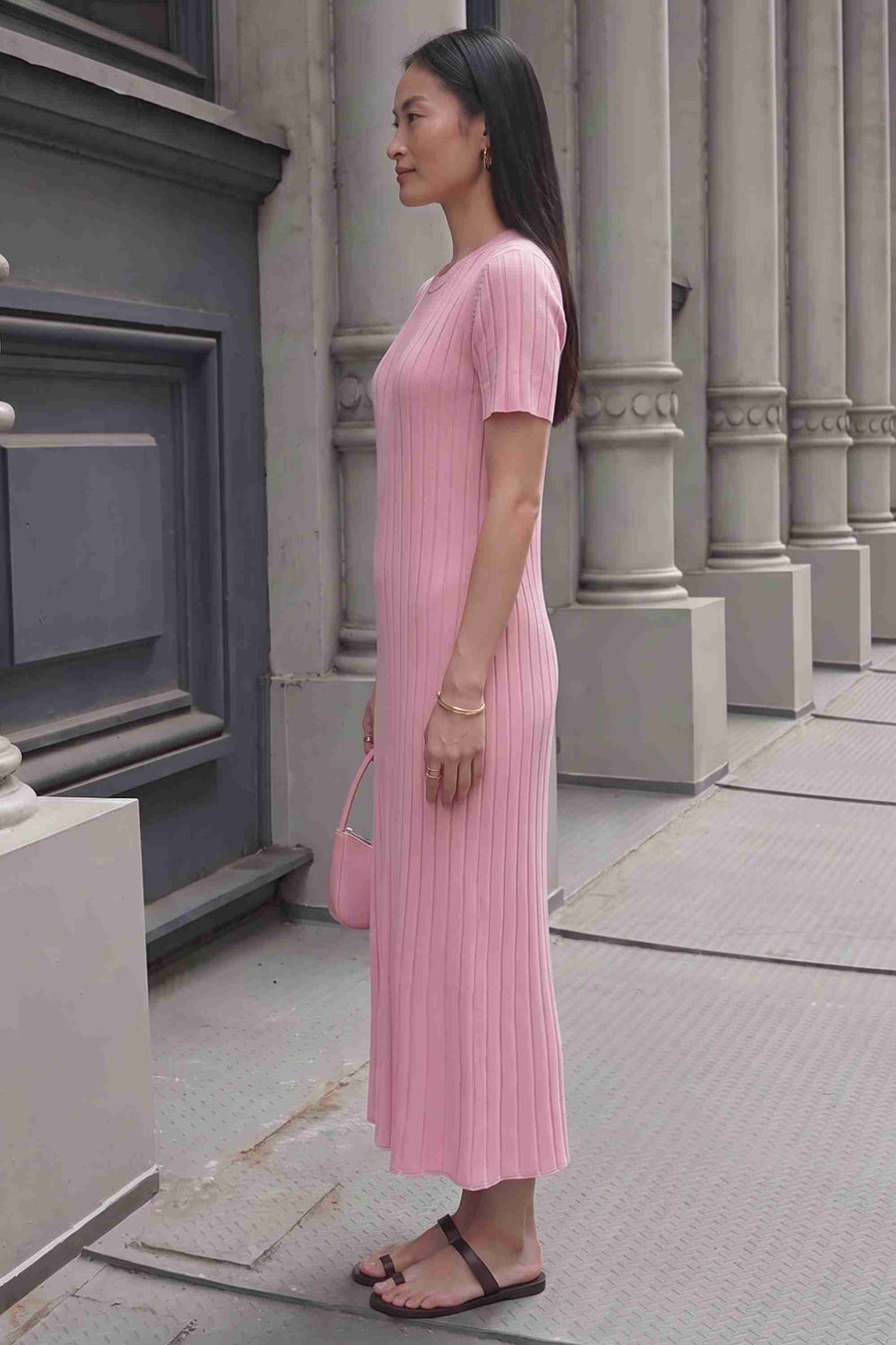 Pembe Fitilli Kısa Kol Triko Elbise