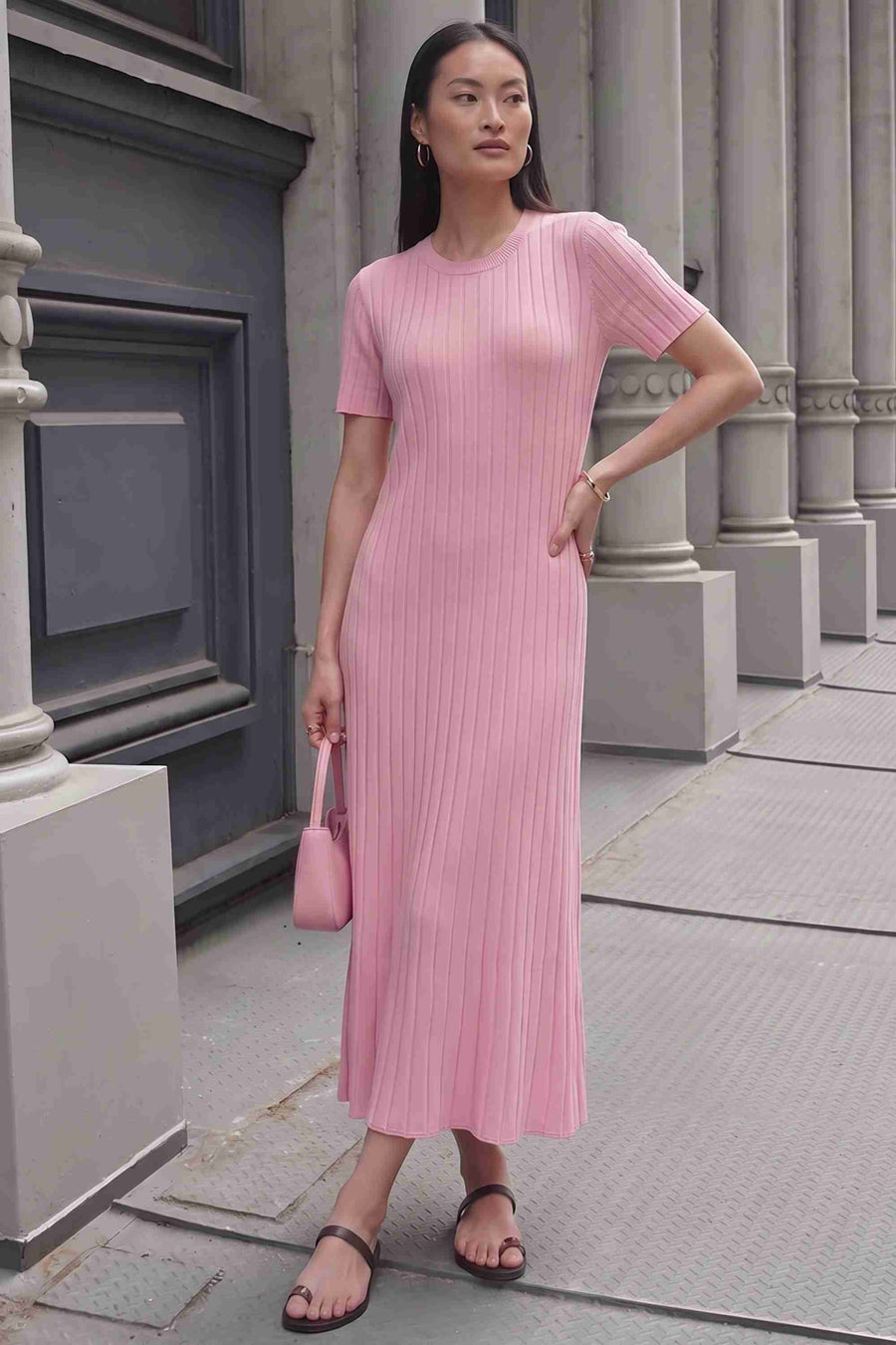 Pembe Fitilli Kısa Kol Triko Elbise