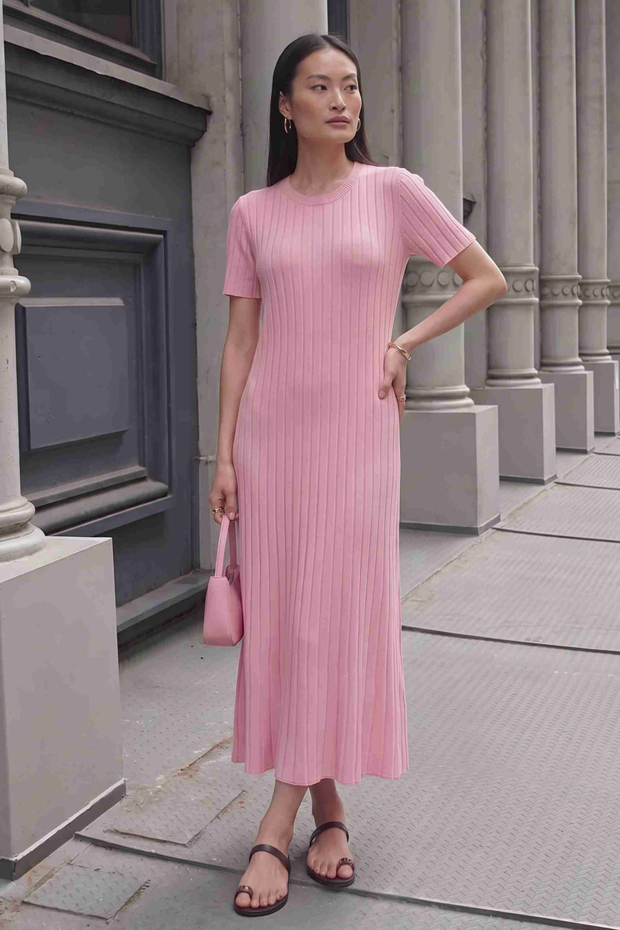 Pembe Fitilli Kısa Kol Triko Elbise