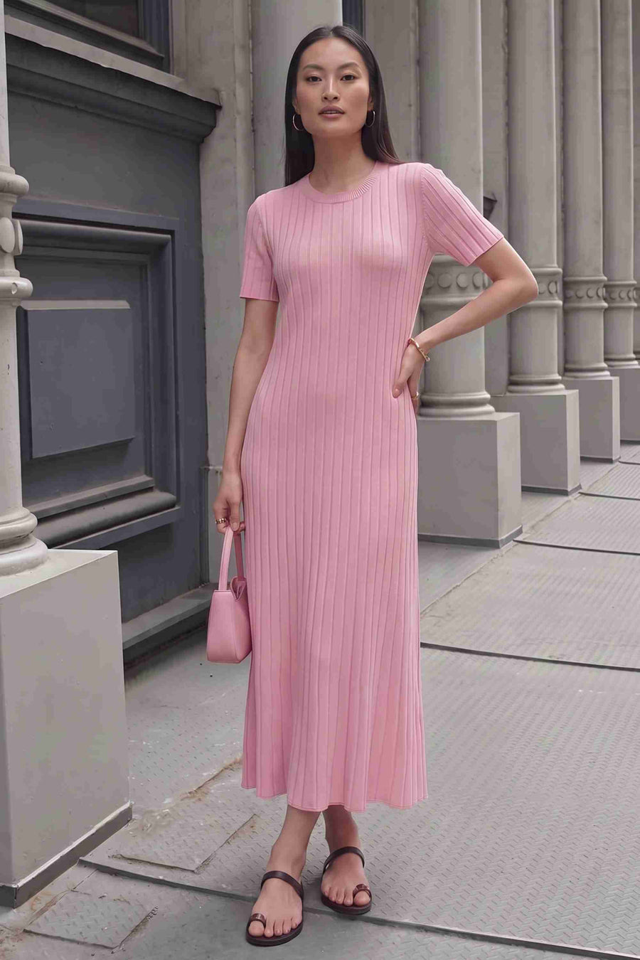 Pembe Fitilli Kısa Kol Triko Elbise