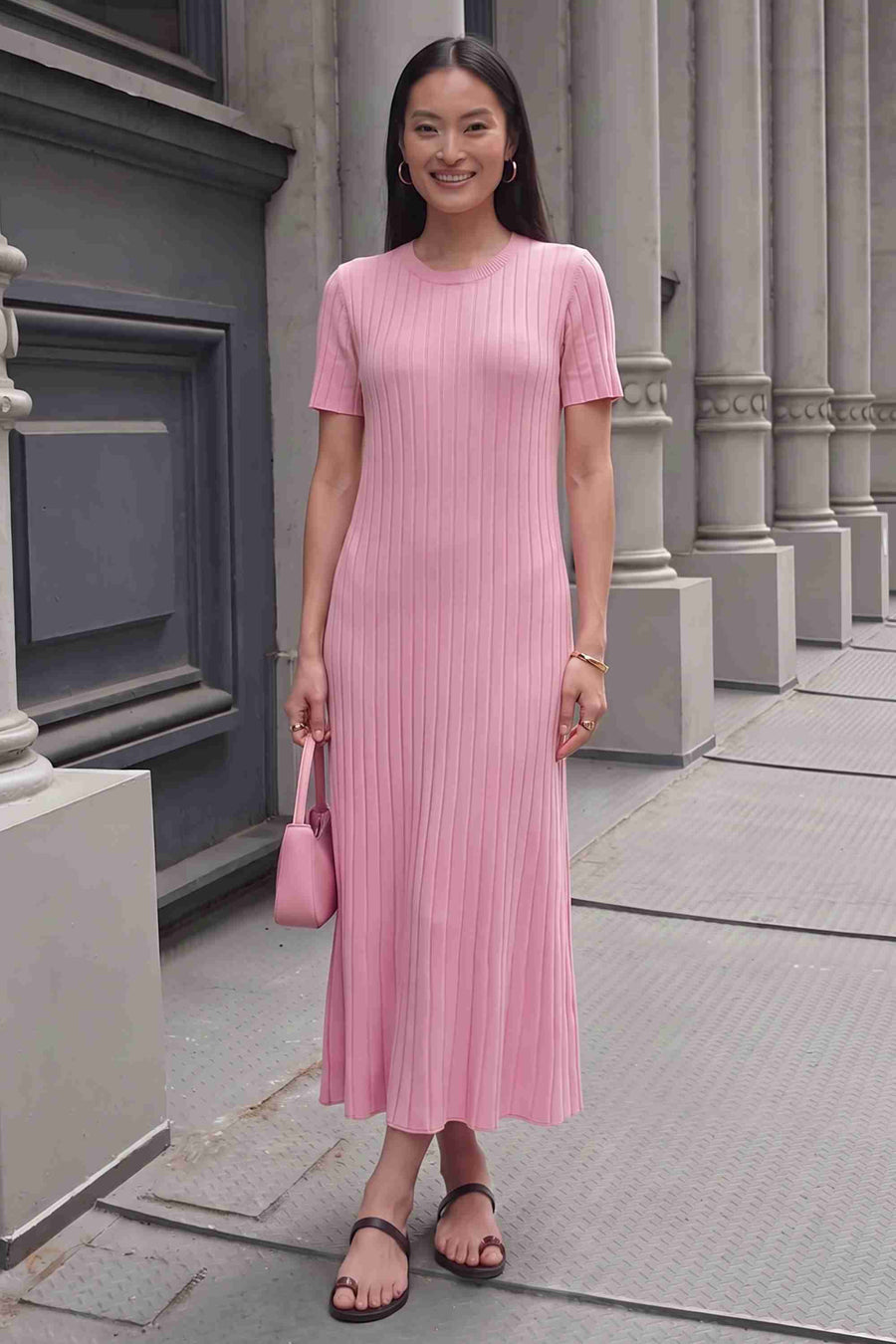 Pembe Fitilli Kısa Kol Triko Elbise