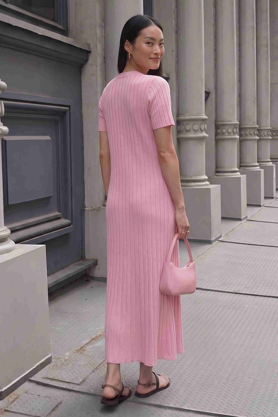 Pembe Fitilli Kısa Kol Triko Elbise