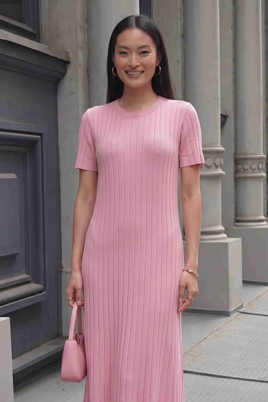 Pembe Fitilli Kısa Kol Triko Elbise