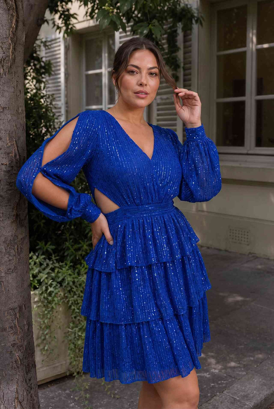 Saks Mavisi Pul Payet Sırt Dekolteli Mini After Abiye Elbise
