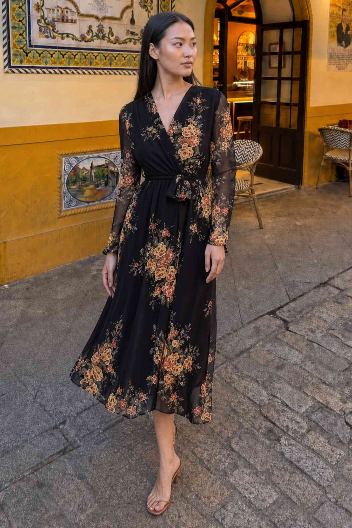 Sarı çiçeği kruvaze yaka şifon elbise