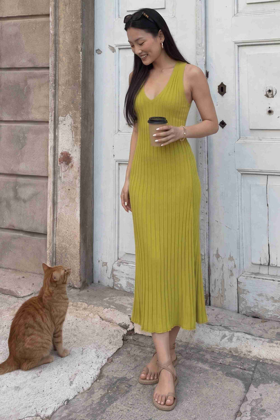 Fıstık Yeşili Askılı Triko Elbise
